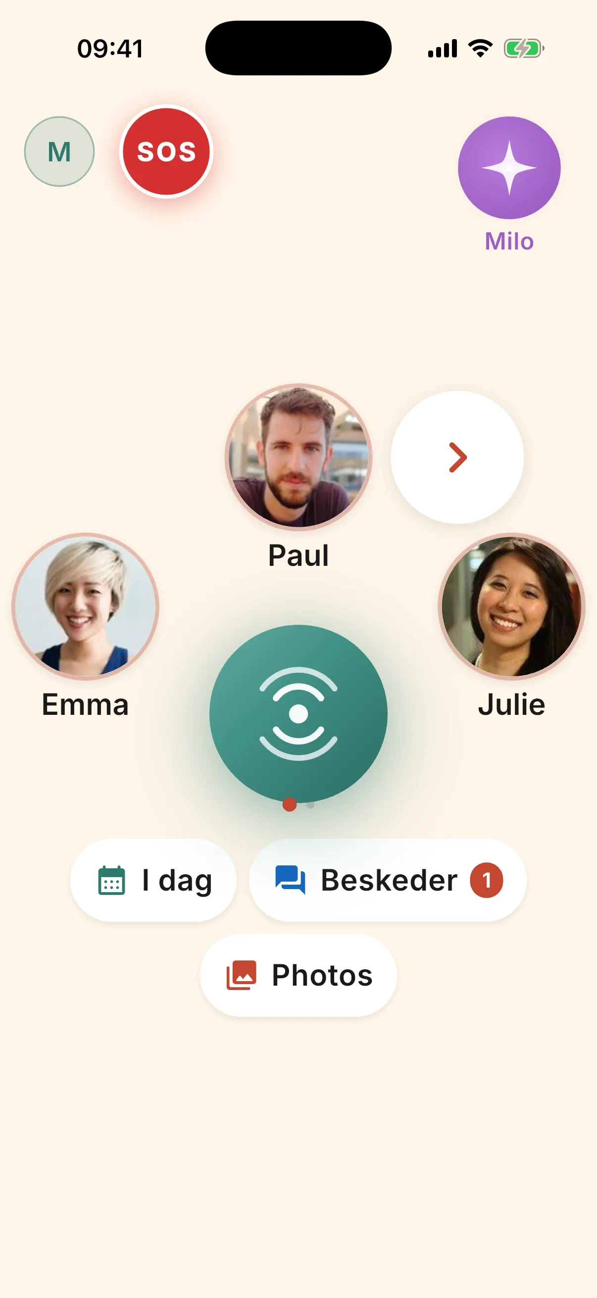 TamTams startskærm for seniorer: én stor central knap, en SOS-knap og assistenten Milo