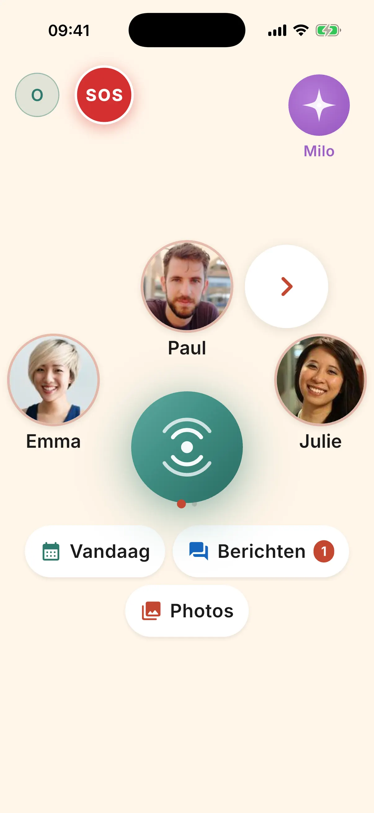 TamTam-startscherm voor senioren: één grote centrale knop, een SOS-knop en assistent Milo