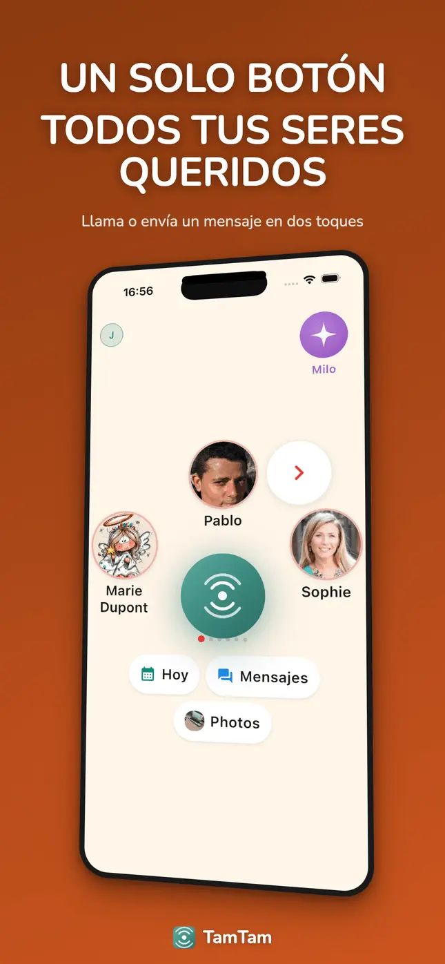 Pantalla de inicio con un gran botón central