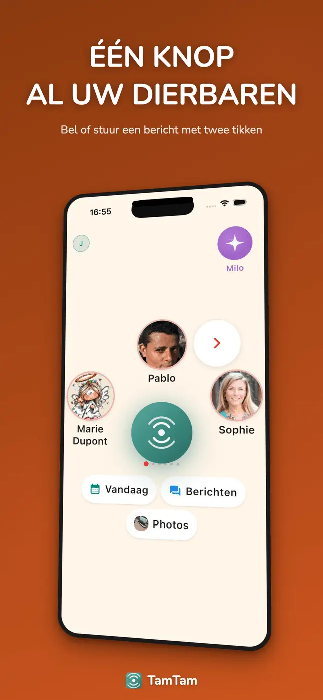 Startscherm met een grote centrale knop