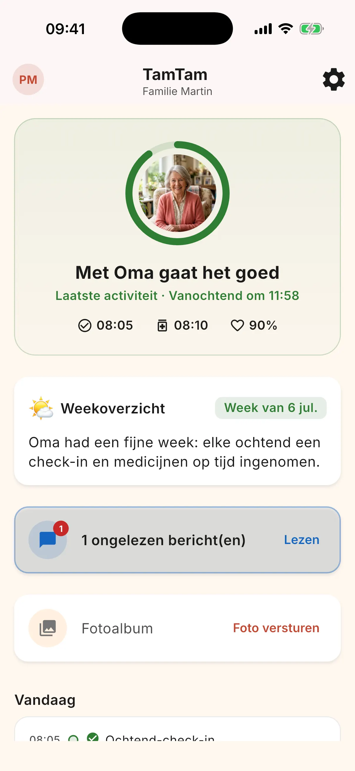 Dashboard voor mantelzorgers: welzijnsring met de foto van de senior en status in duidelijke taal