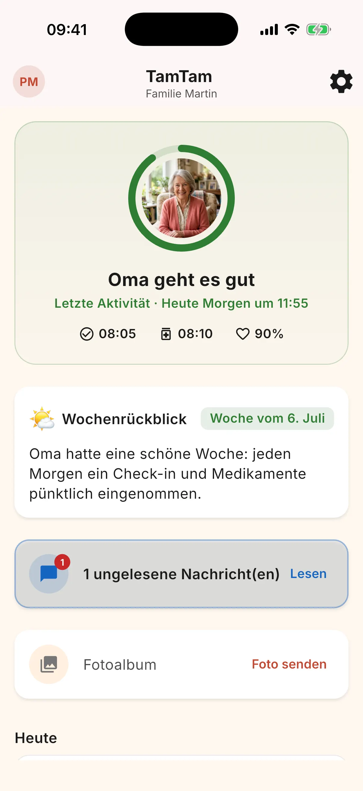Dashboard für Angehörige: Wohlbefinden-Ring mit Foto des Seniors und Status in Klartext