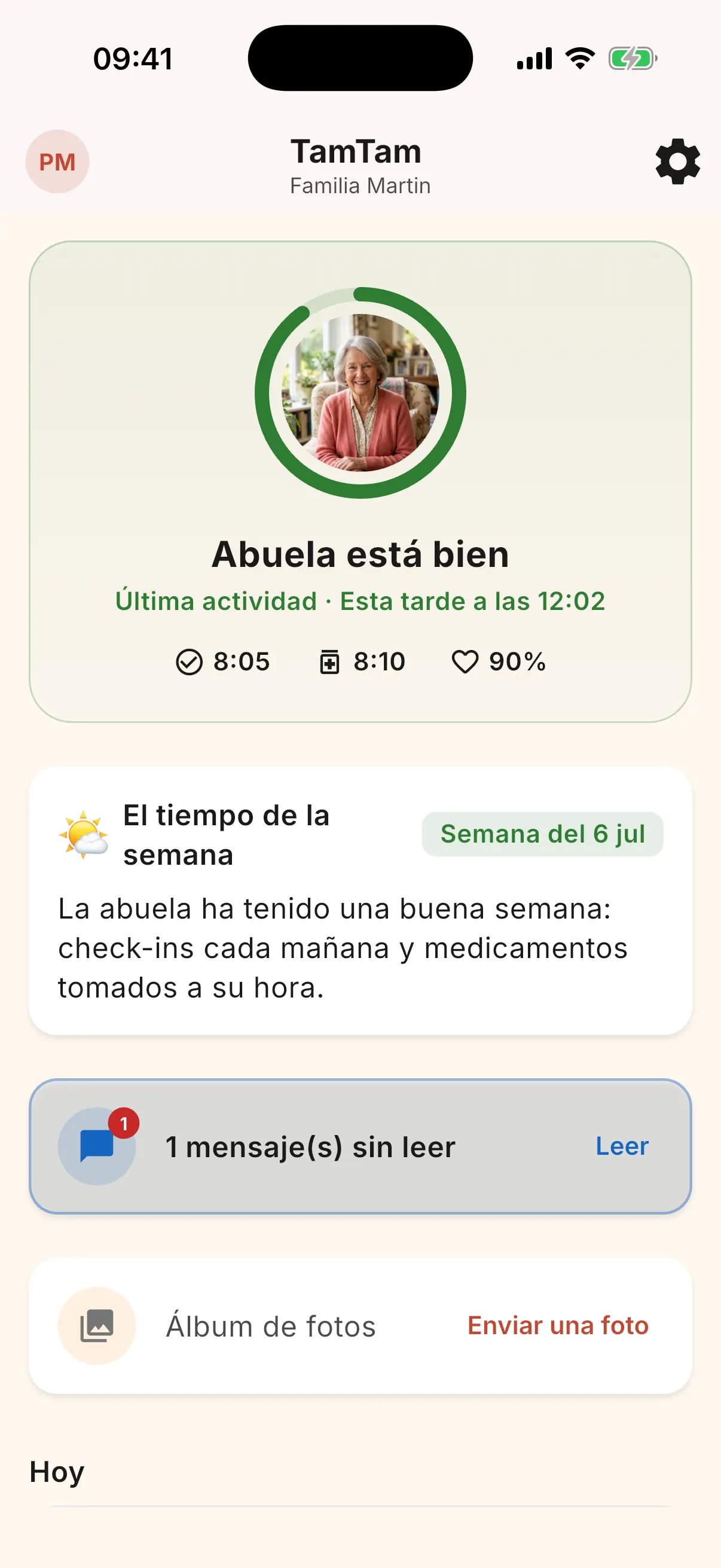 Panel del cuidador: anillo de bienestar con la foto del senior y estado en lenguaje claro
