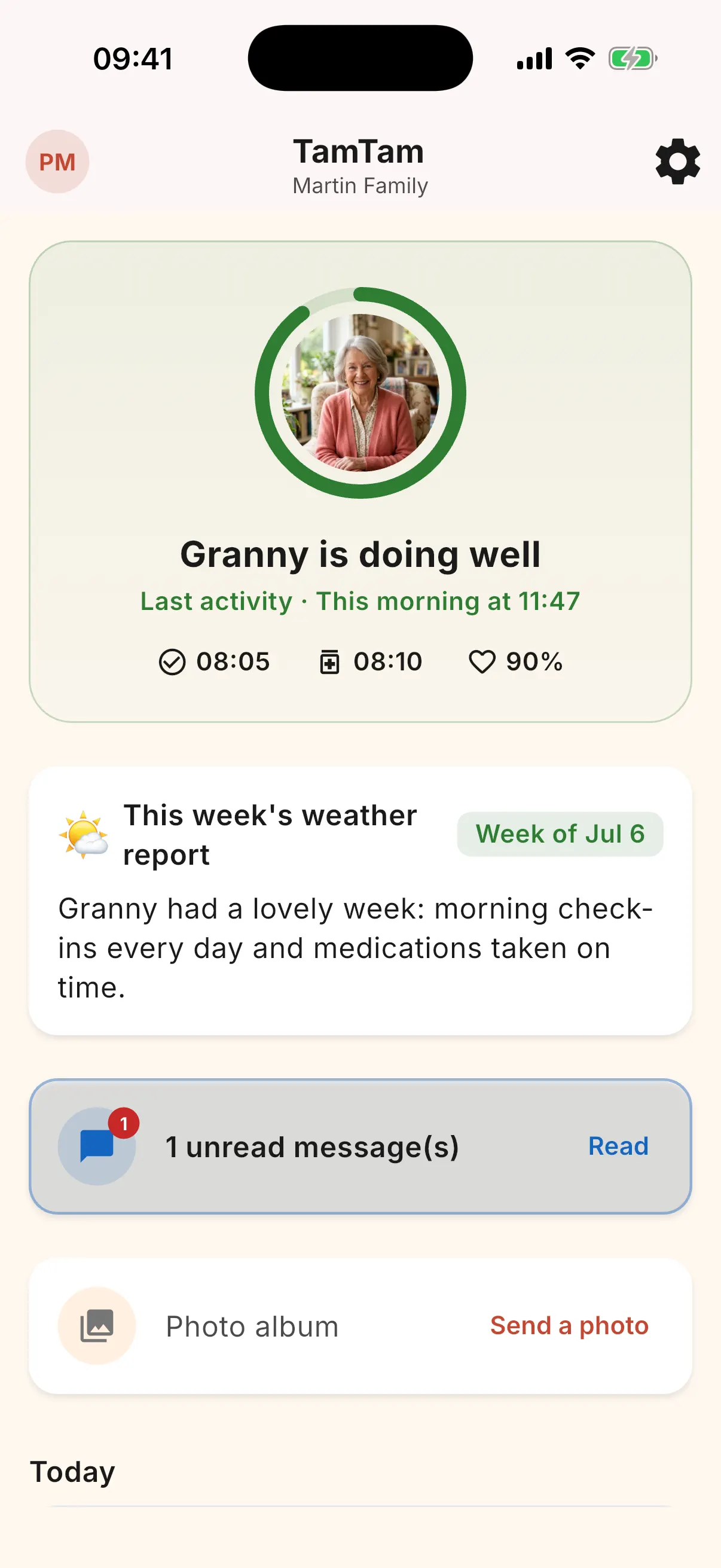 Caregiver dashboard: well-being ring with the senior's photo and a plain-language status