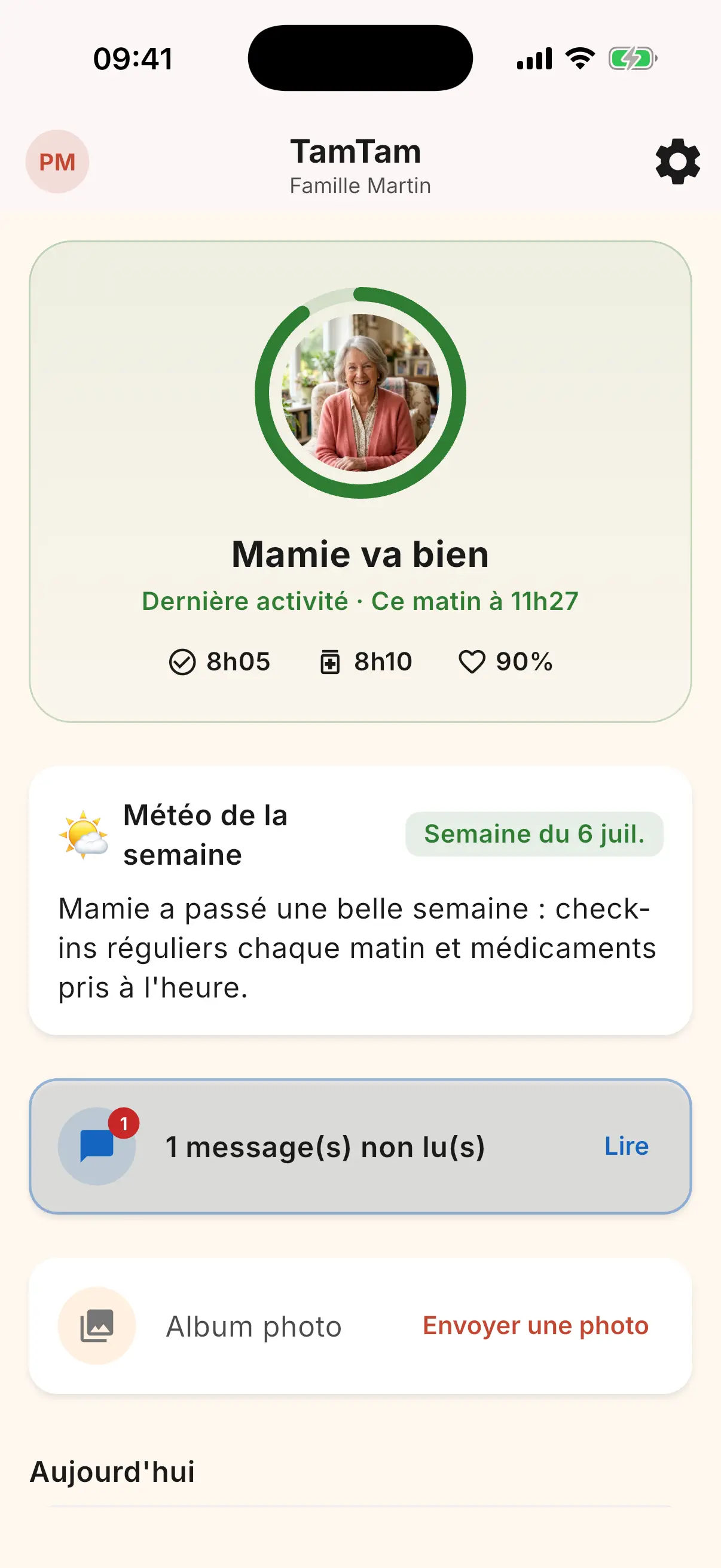Tableau de bord famille avec indicateurs de santé