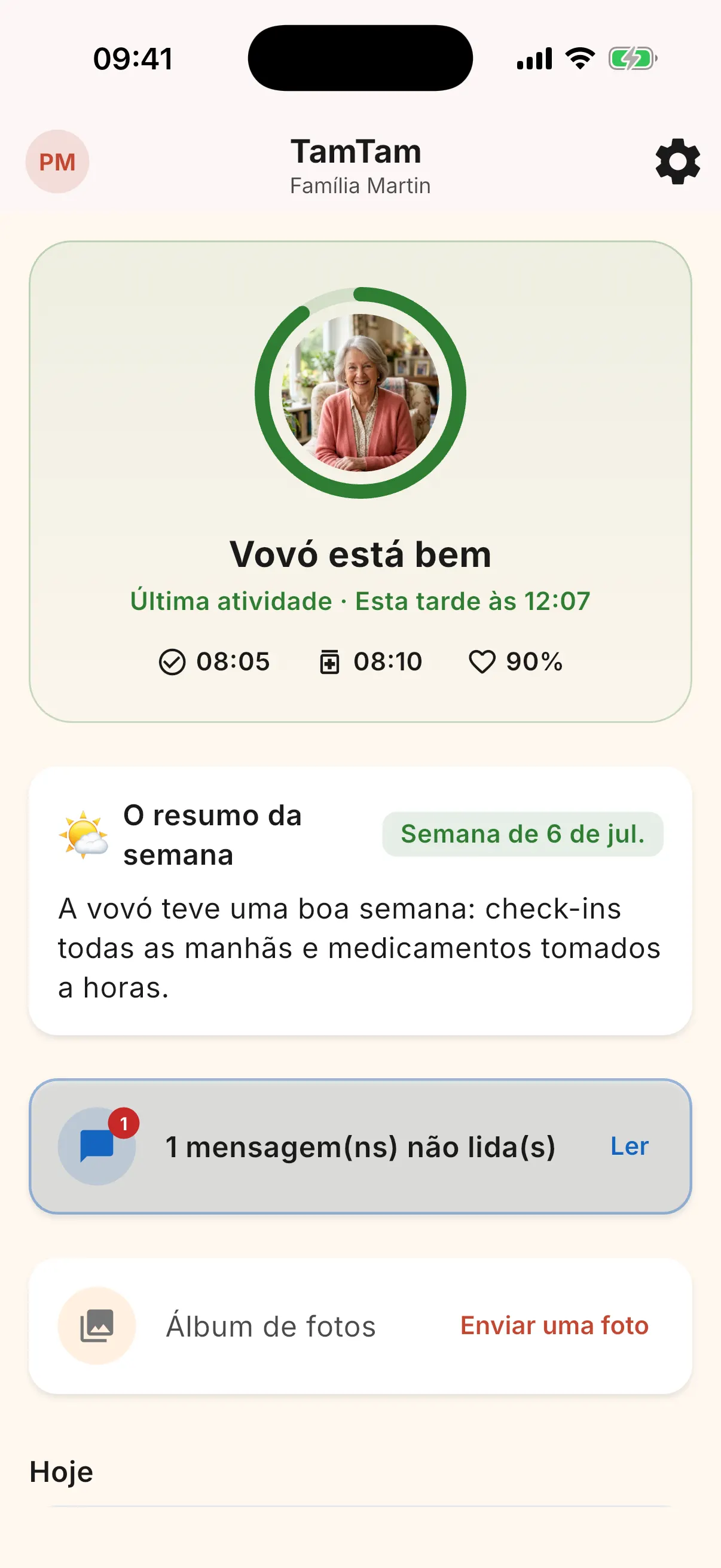 Painel do cuidador: anel de bem-estar com a foto do sénior e estado em linguagem clara