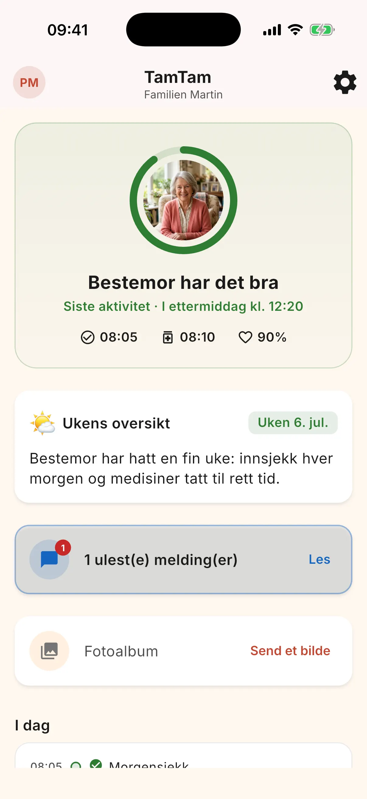 Pårørende-dashbord: velværering med seniorens bilde og status i klarspråk