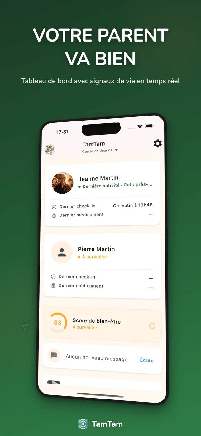 Tableau de bord famille avec indicateurs de santé