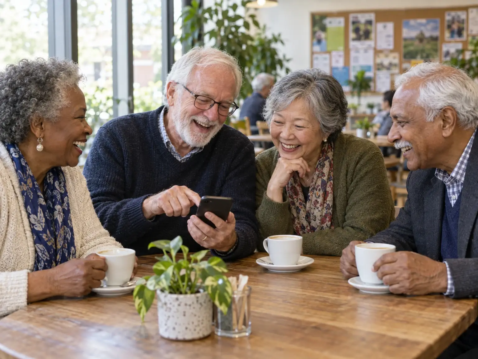 Quatre personnes âgées rient autour d’un café dans une salle communale lumineuse