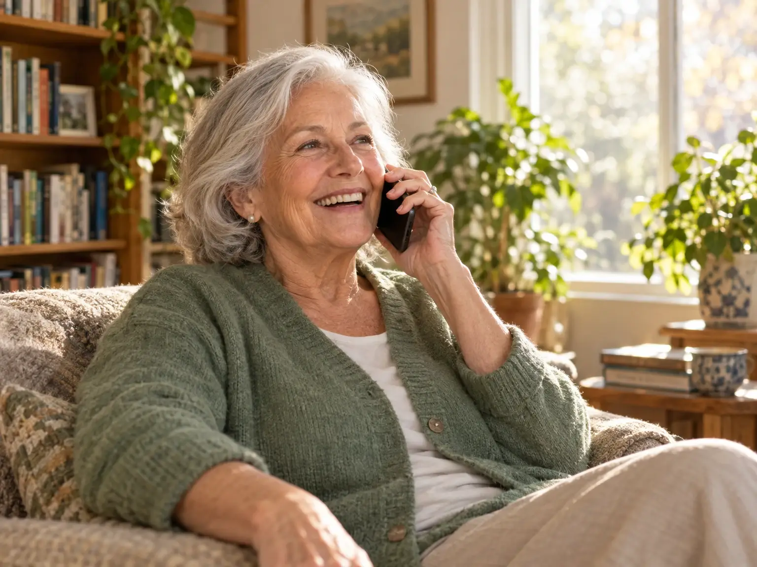 Une femme d’environ 78 ans rit au téléphone dans son salon ensoleillé