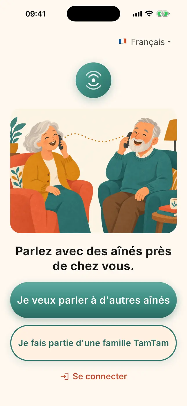 Écran de départ de TamTam : « Je veux parler à d’autres aînés » ou « Je fais partie d’une famille TamTam »