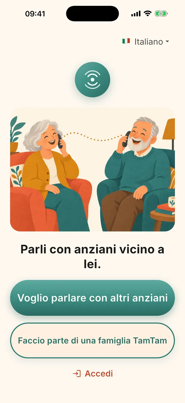 Schermata di partenza di TamTam: «Voglio parlare con altri anziani» o «Faccio parte di una famiglia TamTam»