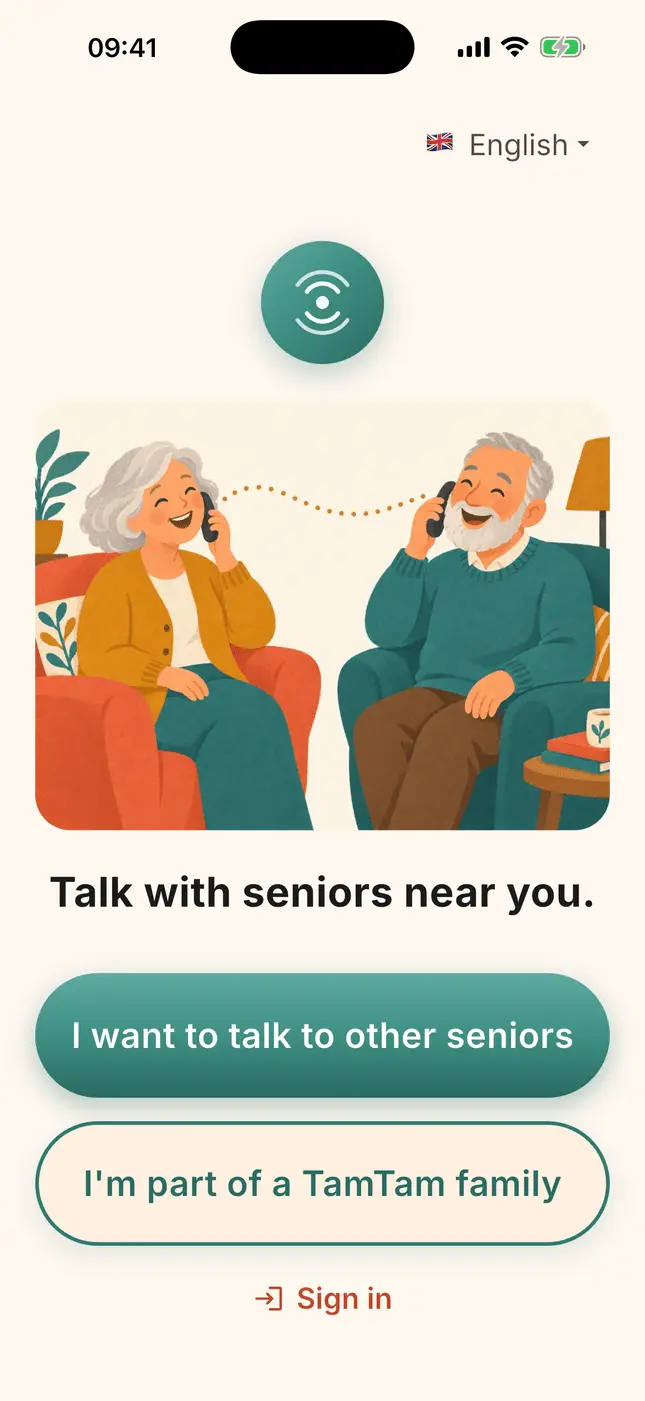 TamTam start screen: “I want to talk with other older adults” or “I belong to a TamTam family”