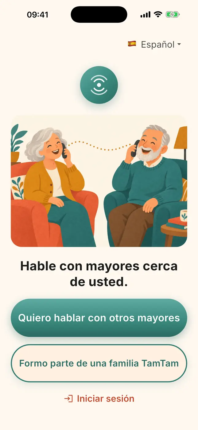 Pantalla inicial de TamTam: «Quiero hablar con otras personas mayores» o «Formo parte de una familia TamTam»