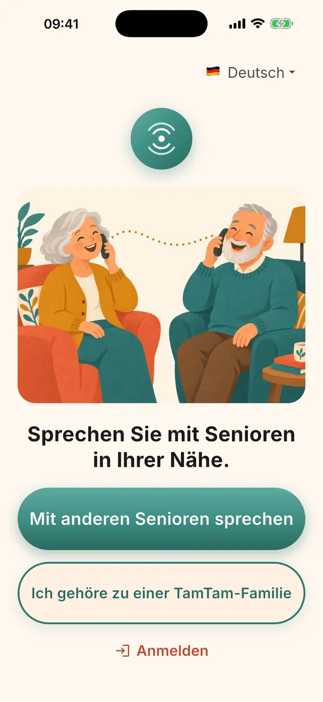 Startbildschirm von TamTam: „Ich möchte mit anderen Senioren sprechen“ oder „Ich gehöre zu einer TamTam-Familie“