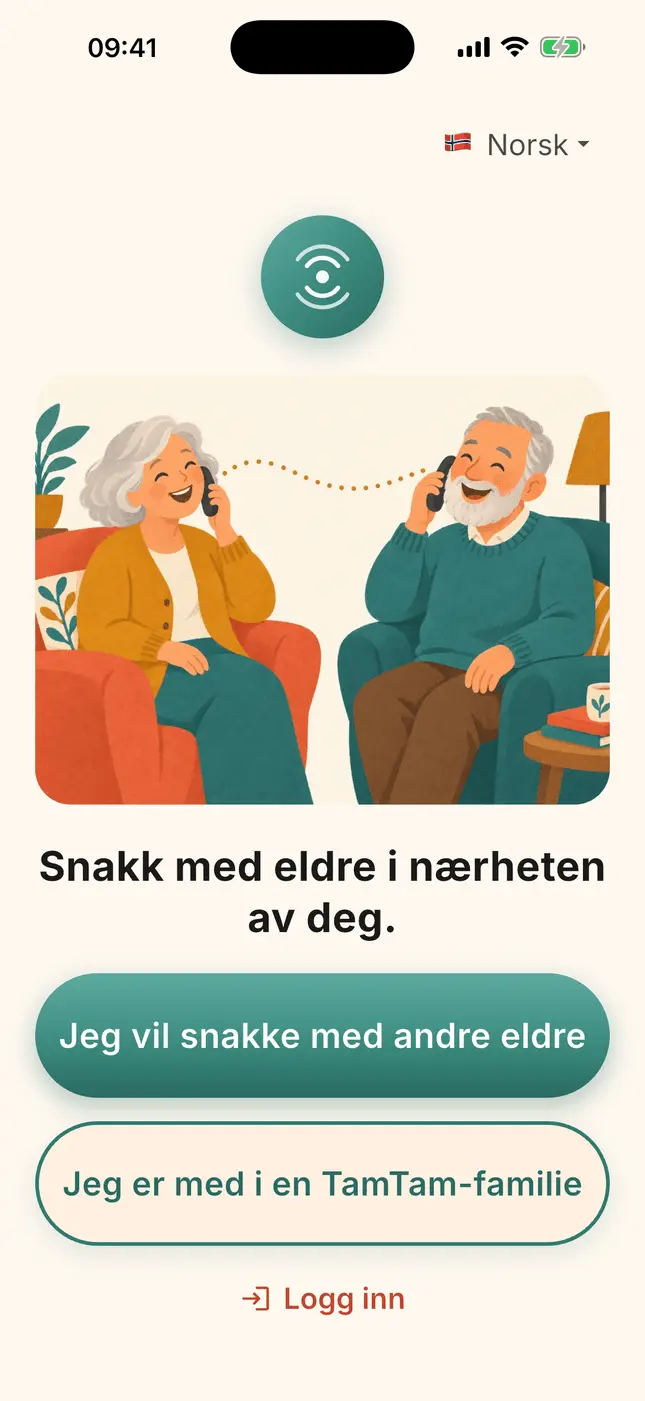 Startskjermen i TamTam: «Jeg vil snakke med andre eldre» eller «Jeg tilhører en TamTam-familie»
