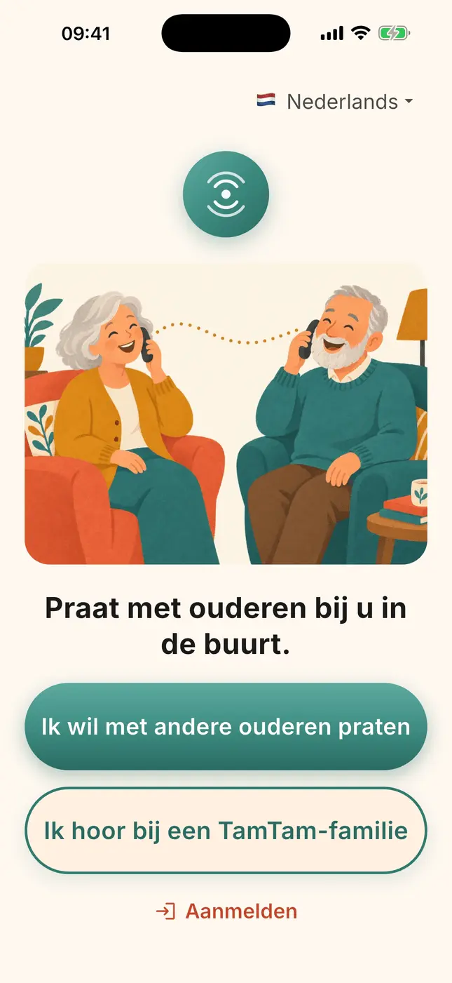Startscherm van TamTam: “Ik wil met andere senioren praten” of “Ik hoor bij een TamTam-familie”