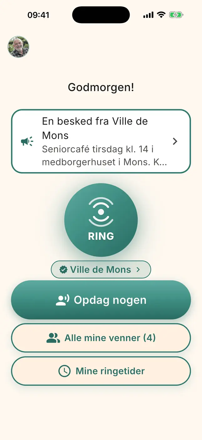 TamTams startskærm: en besked fra din kommune, knappen Ring og »Mød nogen«