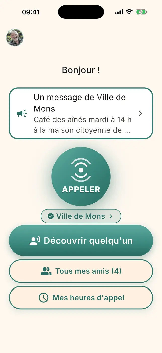 Écran d’accueil TamTam : un message de votre commune, le bouton Appeler et « Découvrir quelqu’un »