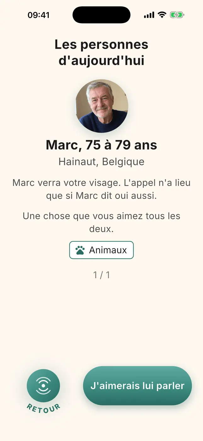 Présentation de Marc, 75 à 79 ans, Hainaut, un centre d’intérêt commun, bouton « J’aimerais lui parler »