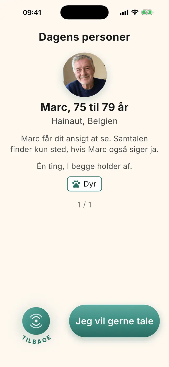 Præsentation af Marc, 75 til 79 år, Hainaut, én fælles interesse, knappen »Jeg vil gerne tale«