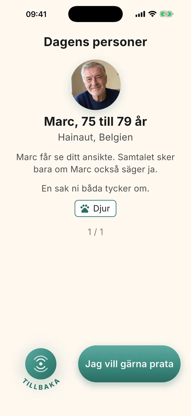 Presentation av Marc, 75 till 79 år, Hainaut, ett gemensamt intresse, knappen ”Jag vill prata”