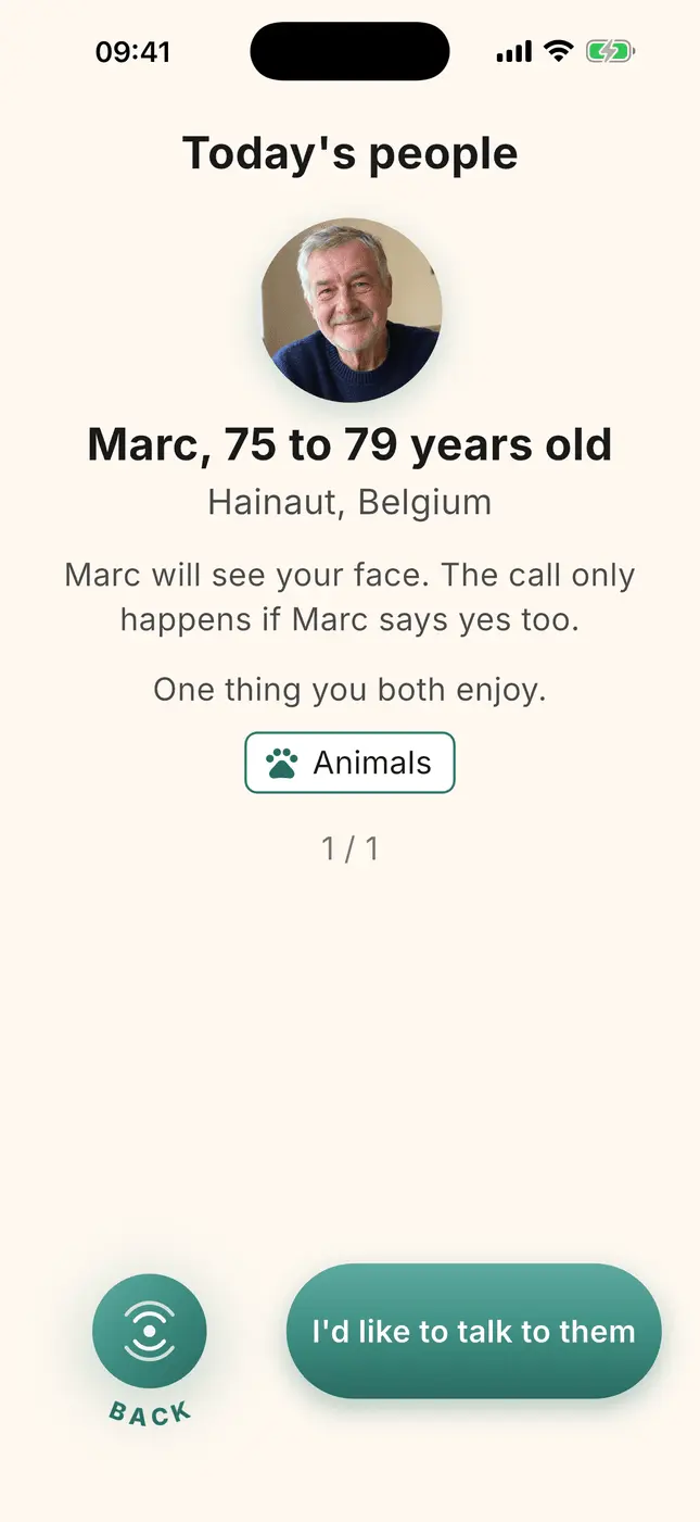 Introduction of Marc, 75 to 79, Hainaut, one shared interest, button “I’d like to talk to him”