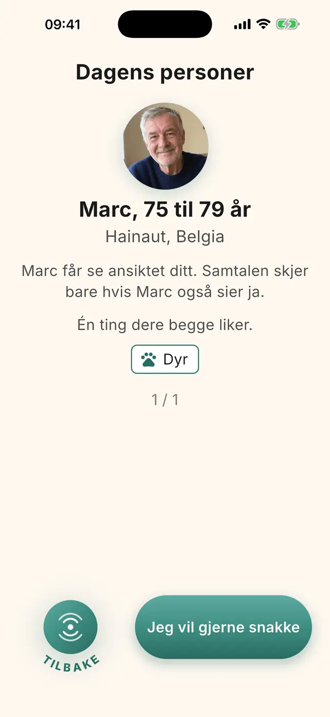 Presentasjon av Marc, 75 til 79 år, Hainaut, én felles interesse, knappen «Jeg vil gjerne snakke»