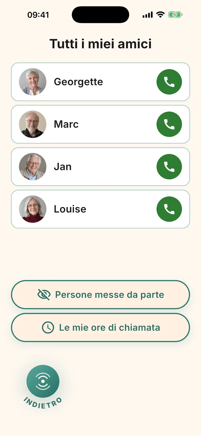 Schermata «Tutti i miei amici»: quattro ritratti, ciascuno con il suo pulsante di chiamata