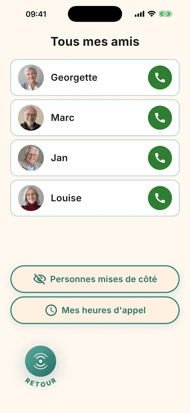 Écran « Tous mes amis » : quatre portraits, chacun avec son bouton d’appel