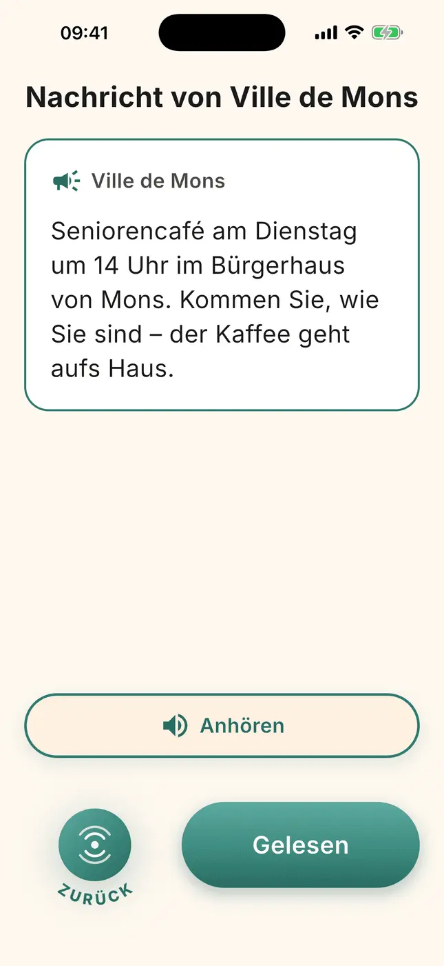 Eine Mitteilung der Gemeinde im Vollbild, mit den Tasten „Anhören“ und „Gelesen“
