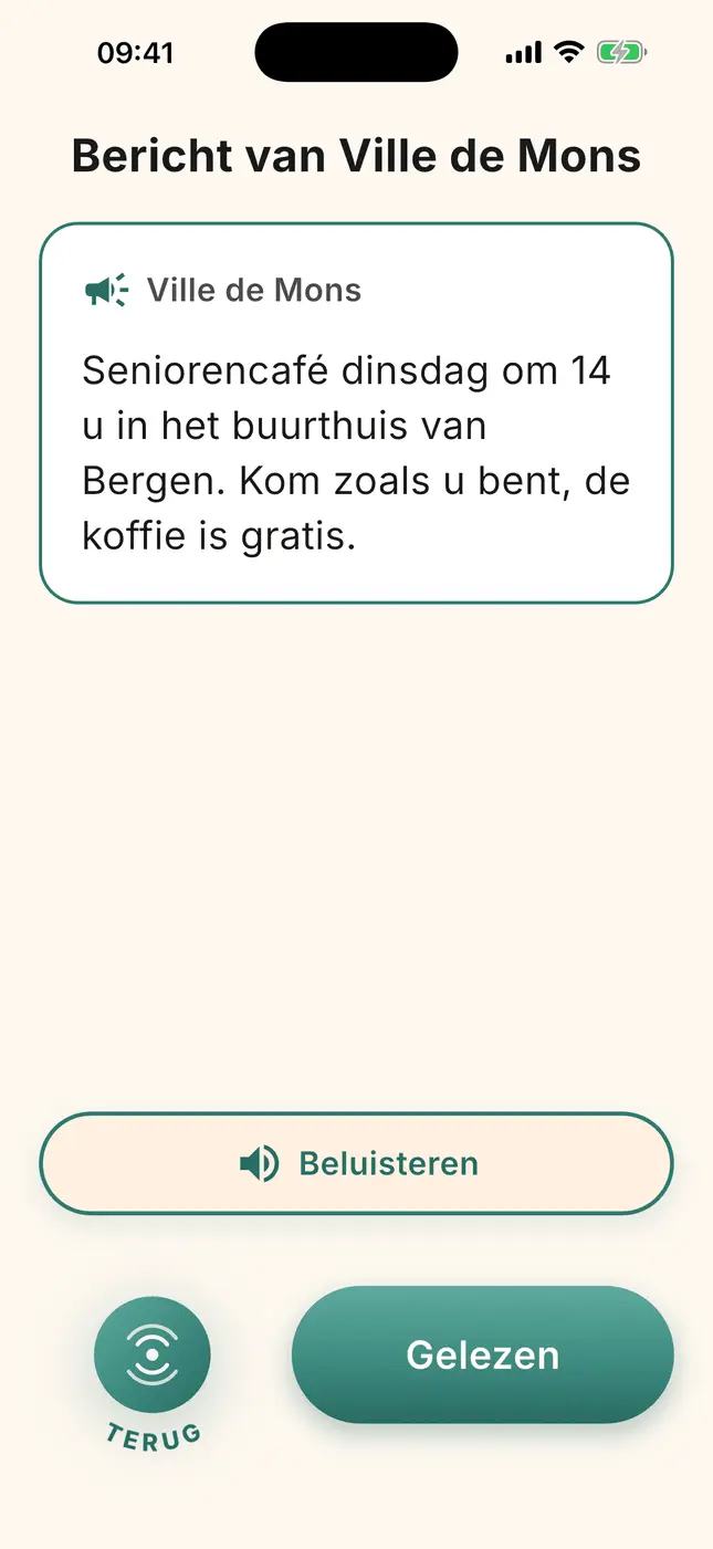Een bericht van de gemeente op volledig scherm, met de knoppen “Beluisteren” en “Gelezen”