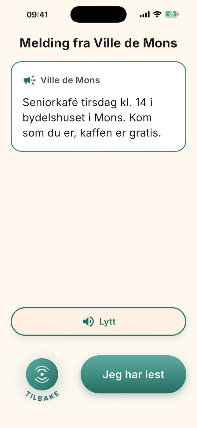 En melding fra kommunen i fullskjerm, med knappene «Lytt» og «Jeg har lest»