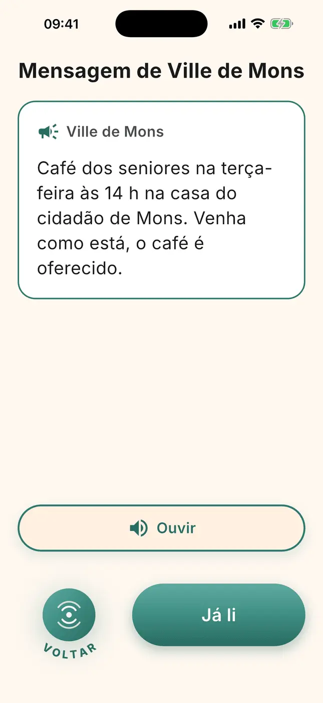 Um aviso do município em ecrã inteiro, com os botões «Ouvir» e «Já li»