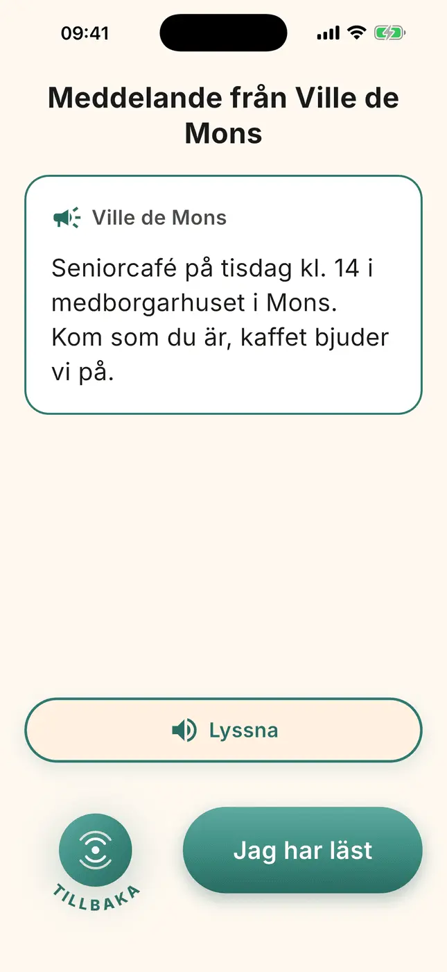 Ett meddelande från kommunen i helskärm, med knapparna ”Lyssna” och ”Jag har läst”