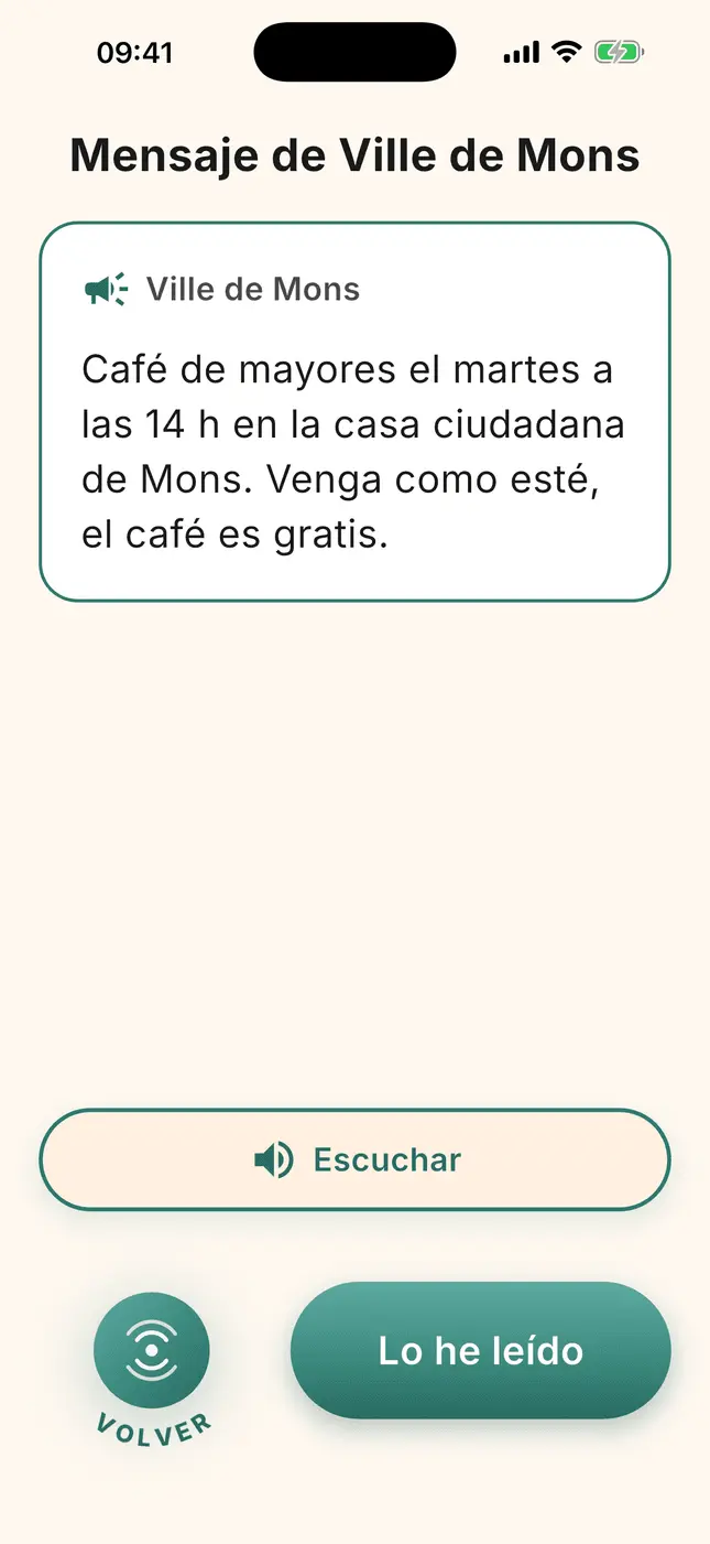 Un aviso del municipio a pantalla completa, con los botones «Escuchar» y «Leído»
