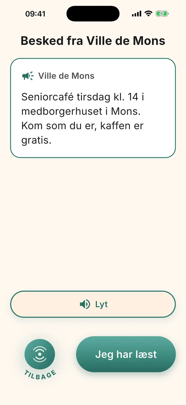 En besked fra kommunen i fuld skærm, med knapperne »Lyt« og »Jeg har læst«