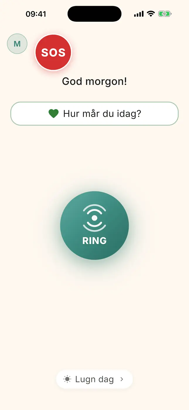 Familjens startskärm: SOS-knapp, ”Hur mår du i dag?” och knappen Ring