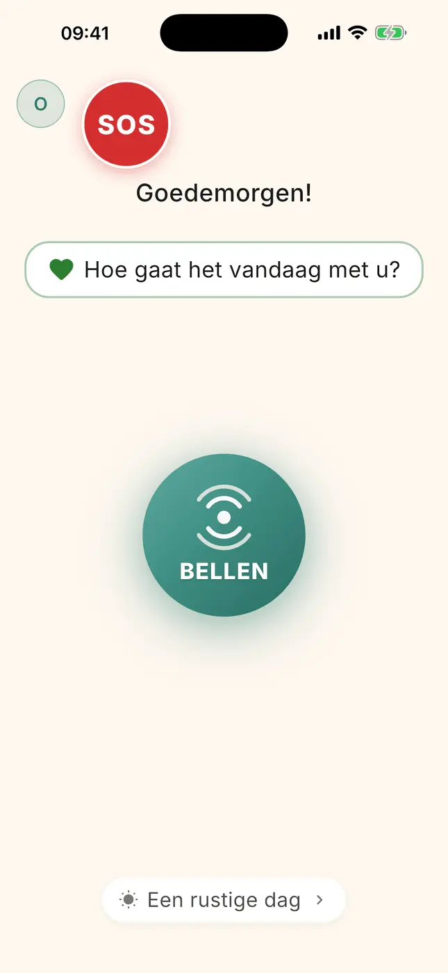 Familiestartscherm: SOS-knop, “Hoe gaat het vandaag?” en de knop Bellen
