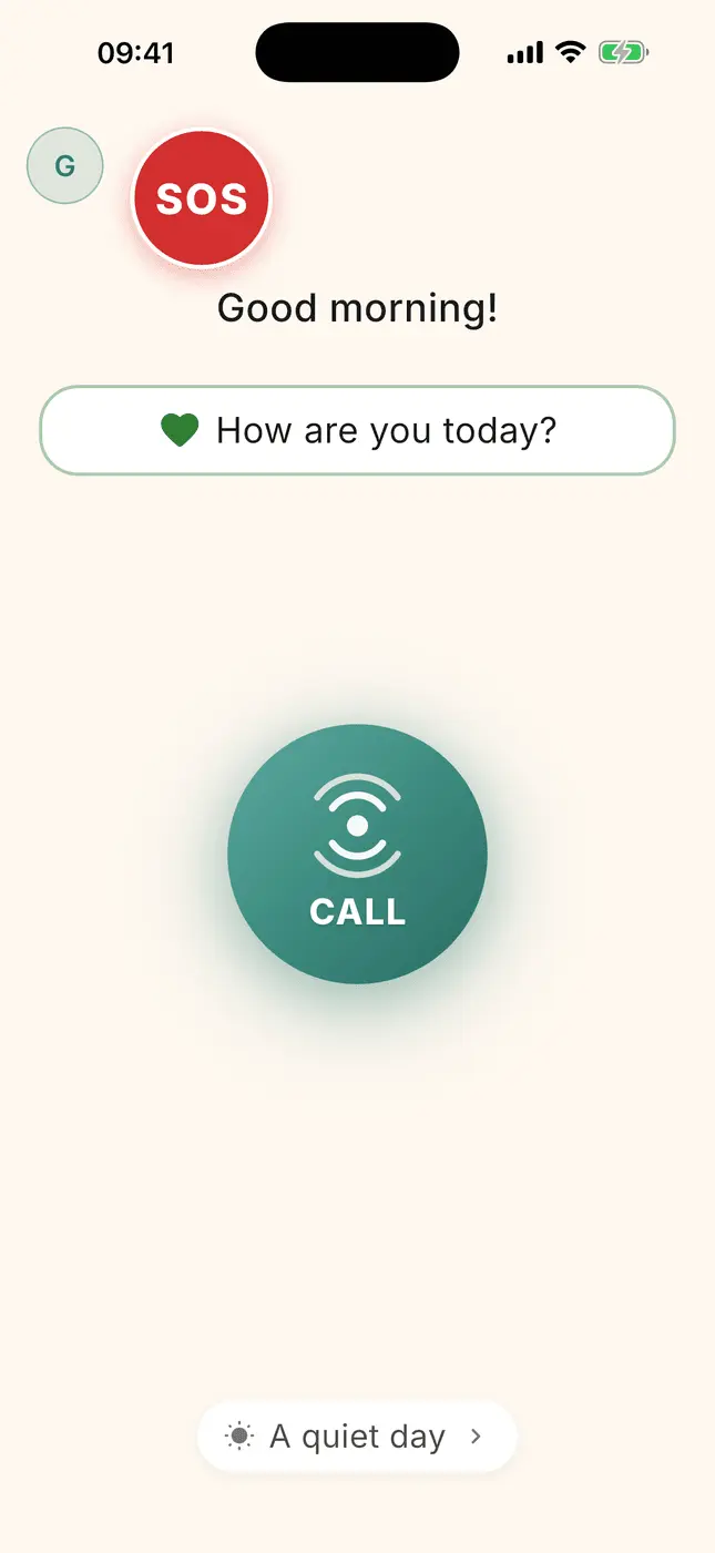 Family home screen: SOS button, “How are you today?” and the Call button