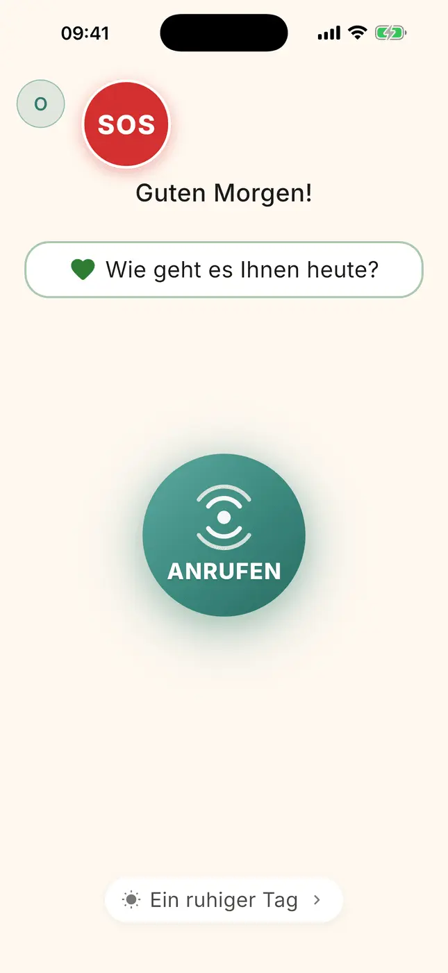 Familien-Startbildschirm: SOS-Taste, „Wie geht es Ihnen heute?“ und die Anrufen-Taste