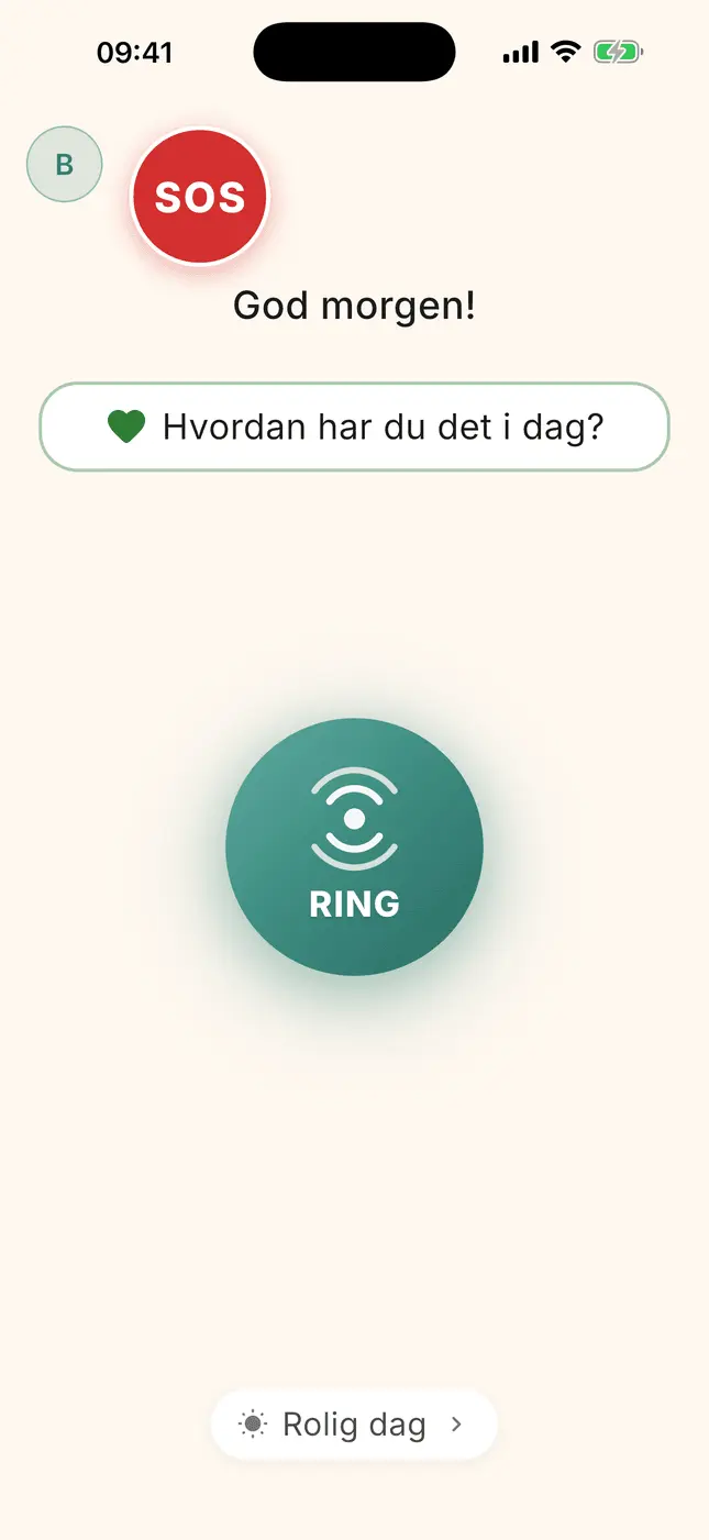 Familiens startskjerm: SOS-knapp, «Hvordan har du det i dag?» og knappen Ring