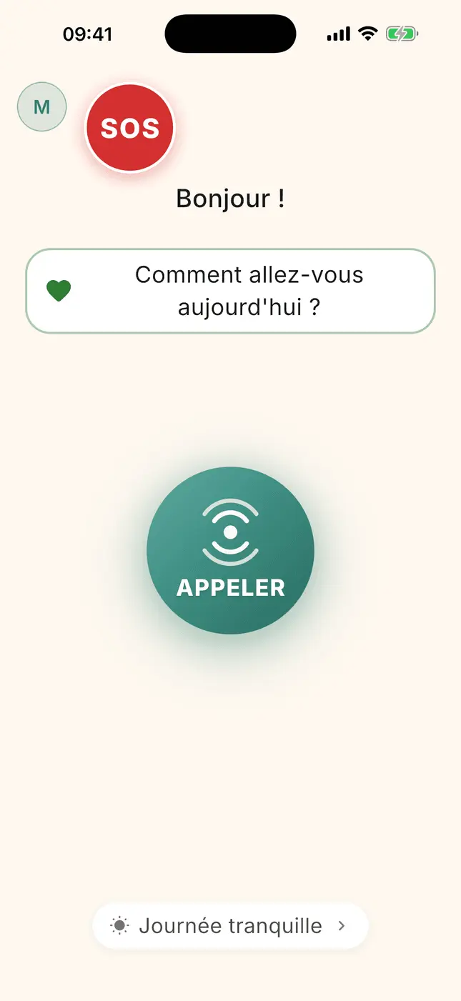 Écran d’accueil famille : bouton SOS, « Comment allez-vous aujourd’hui ? » et le bouton Appeler
