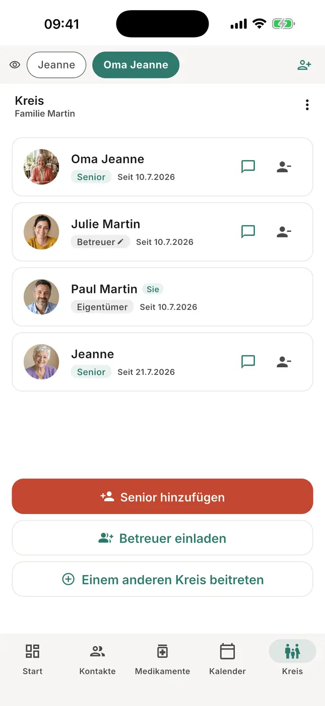 Reiter Kreis: Oma Jeanne und ihre Angehörigen, mit den Tasten Hinzufügen und Einladen