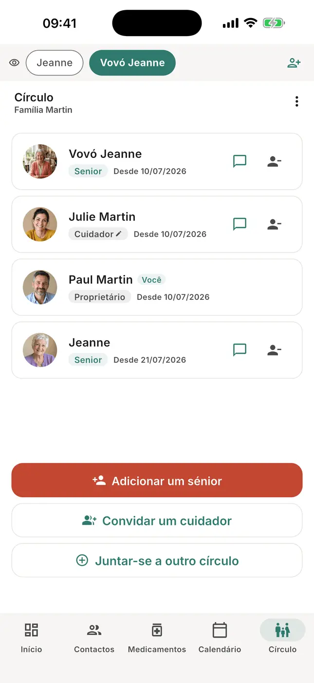 Separador Círculo: a avó Jeanne e os seus próximos, com os botões Adicionar e Convidar