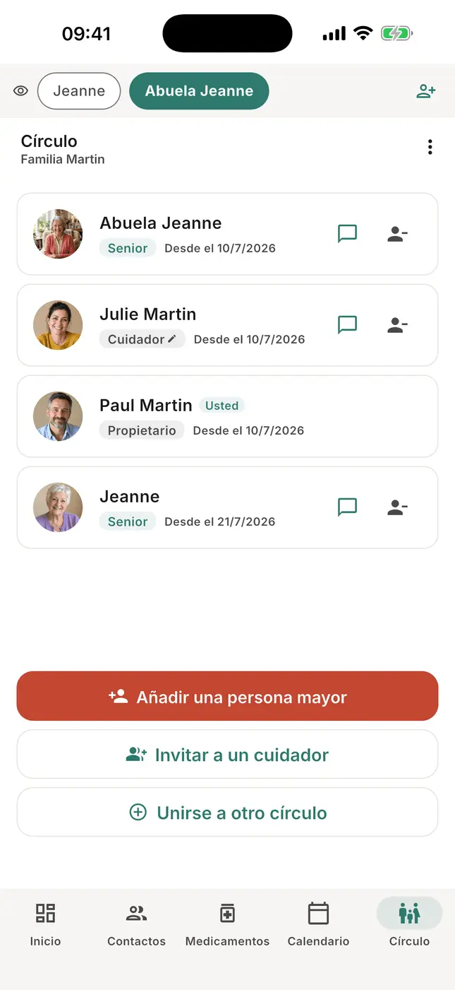 Pestaña Círculo: la abuela Jeanne y sus allegados, con los botones Añadir e Invitar