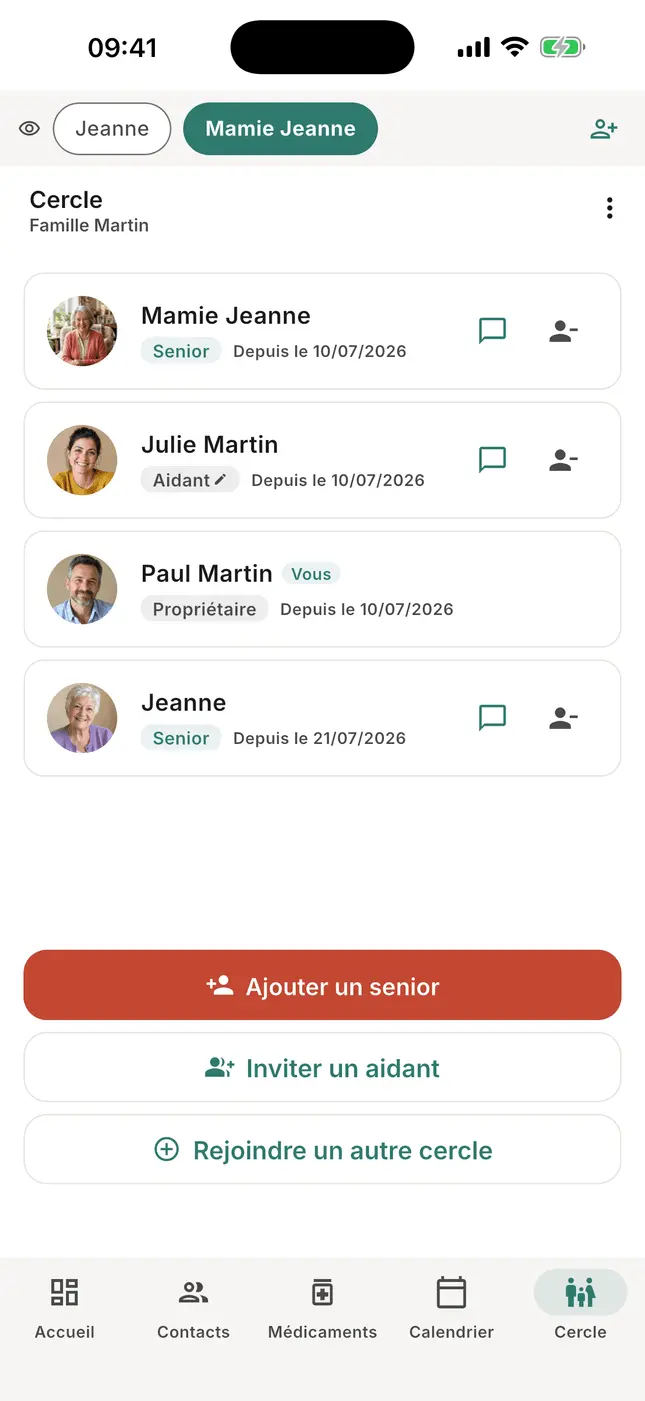 Onglet Cercle : Mamie Jeanne et ses proches, avec les boutons Ajouter et Inviter