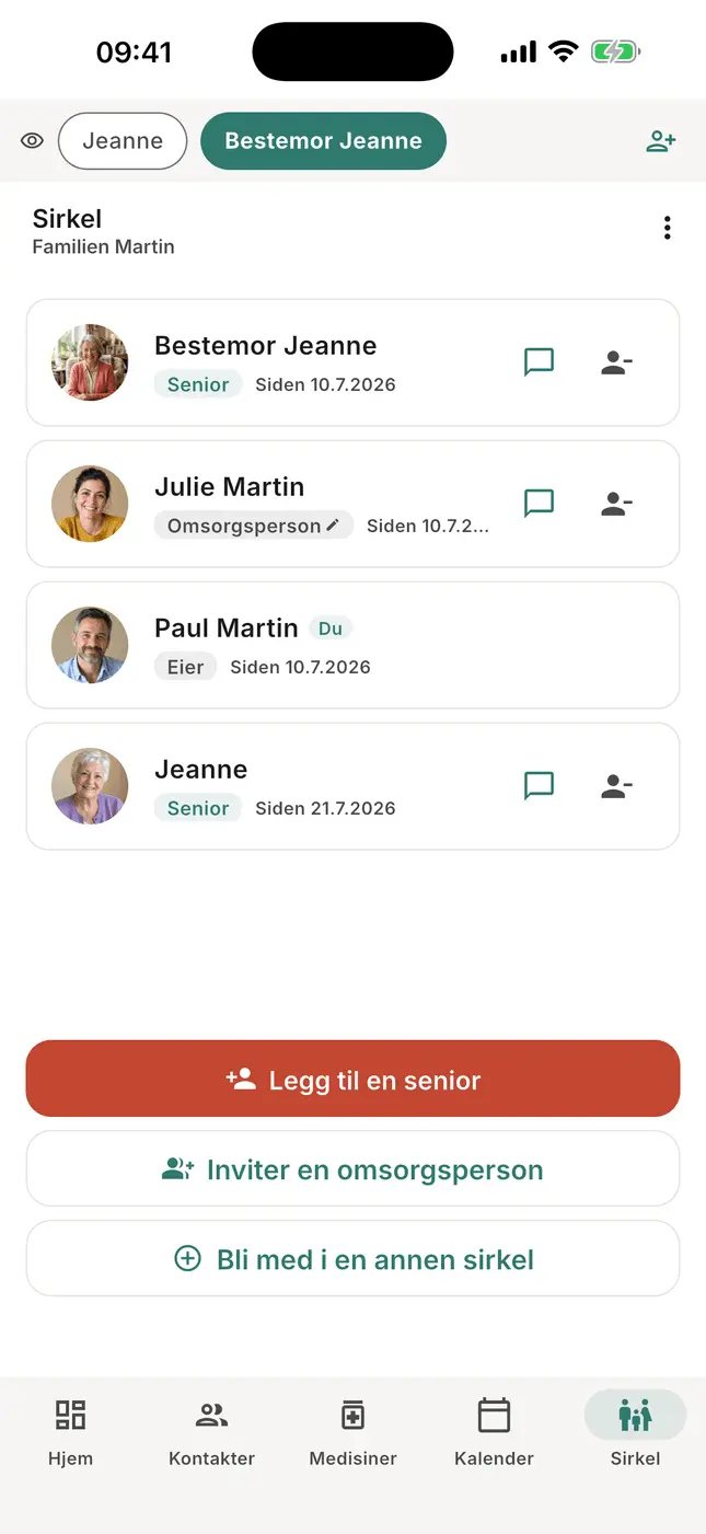 Fanen Krets: bestemor Jeanne og de pårørende, med knappene Legg til og Inviter
