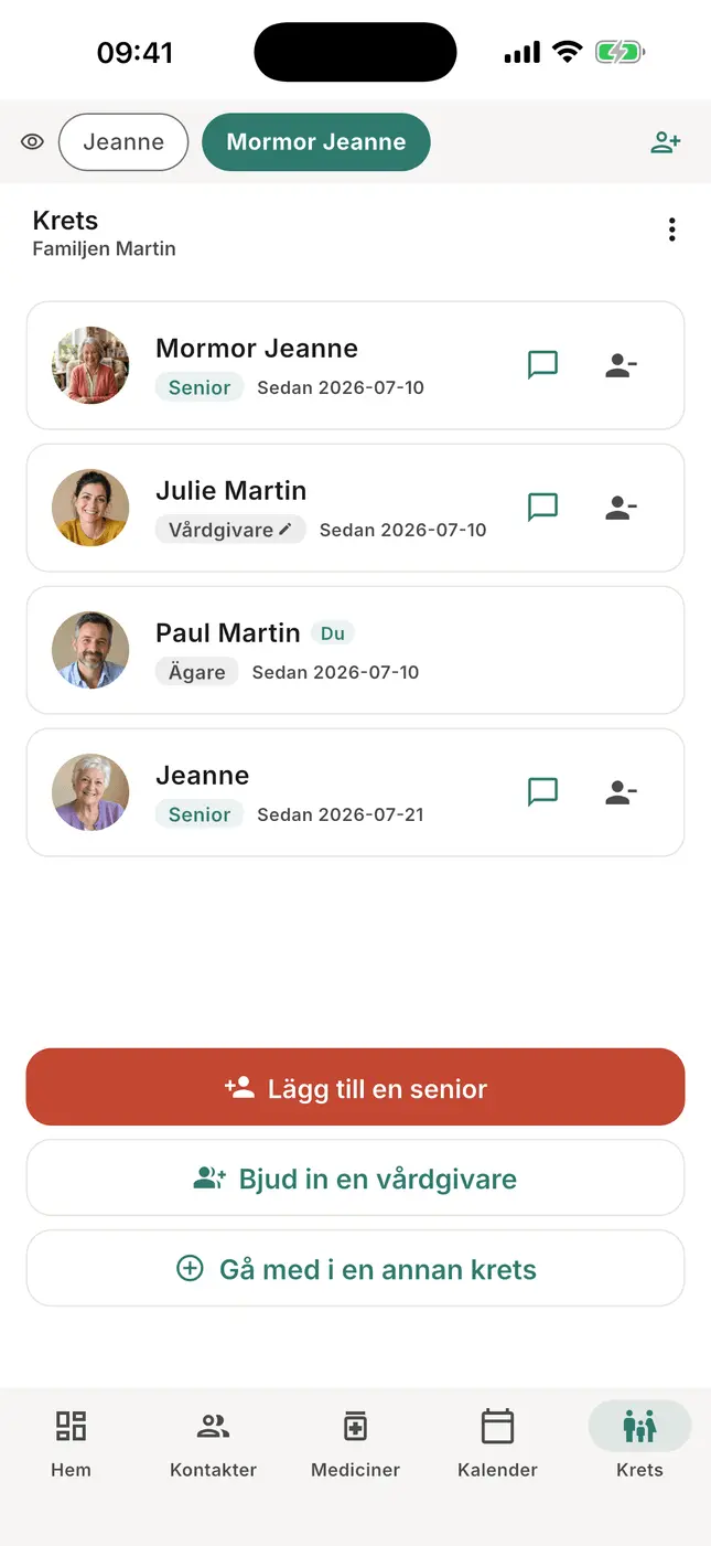 Fliken Krets: mormor Jeanne och hennes närstående, med knapparna Lägg till och Bjud in