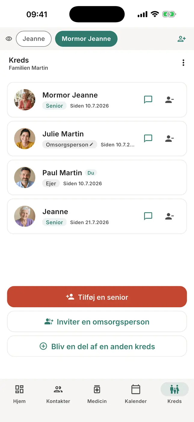 Fanen Kreds: mormor Jeanne og hendes pårørende, med knapperne Tilføj og Invitér